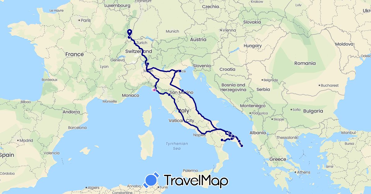 TravelMap itinerary: driving, train, hiking in France, Italy (Europe)