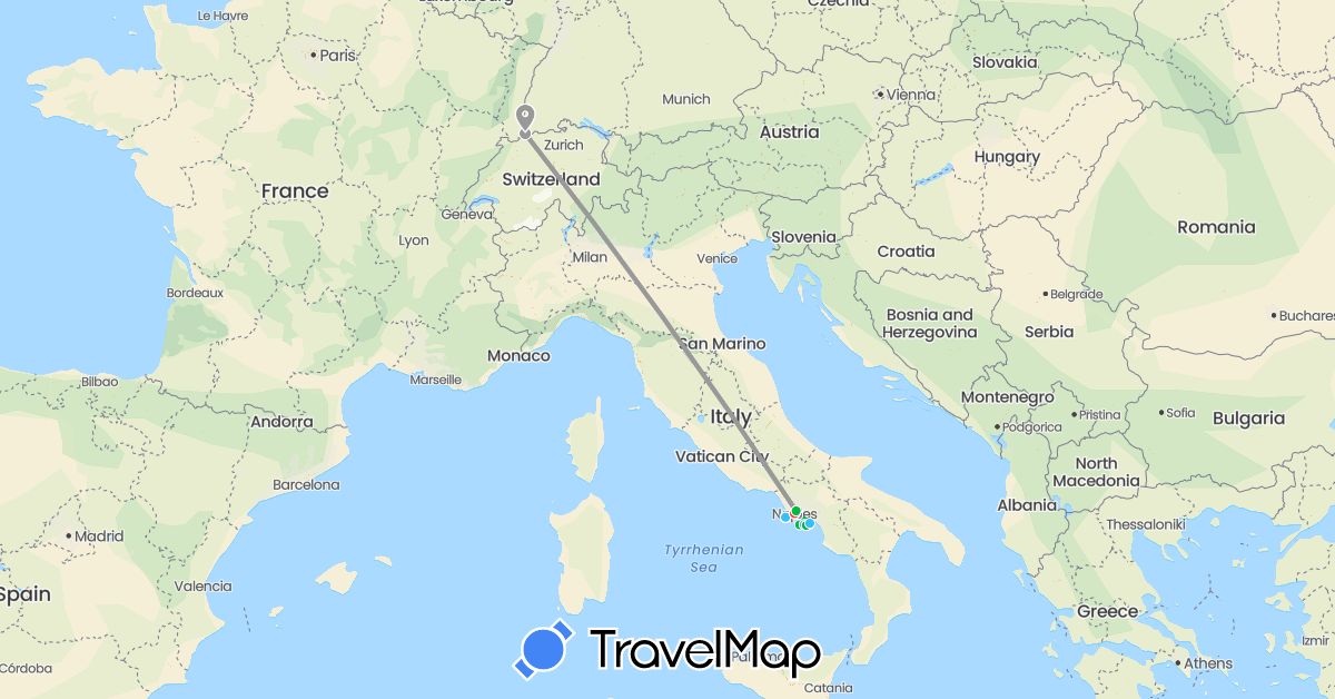 TravelMap itinerary: driving, bus, plane, train, hiking, boat in Switzerland, Italy (Europe)