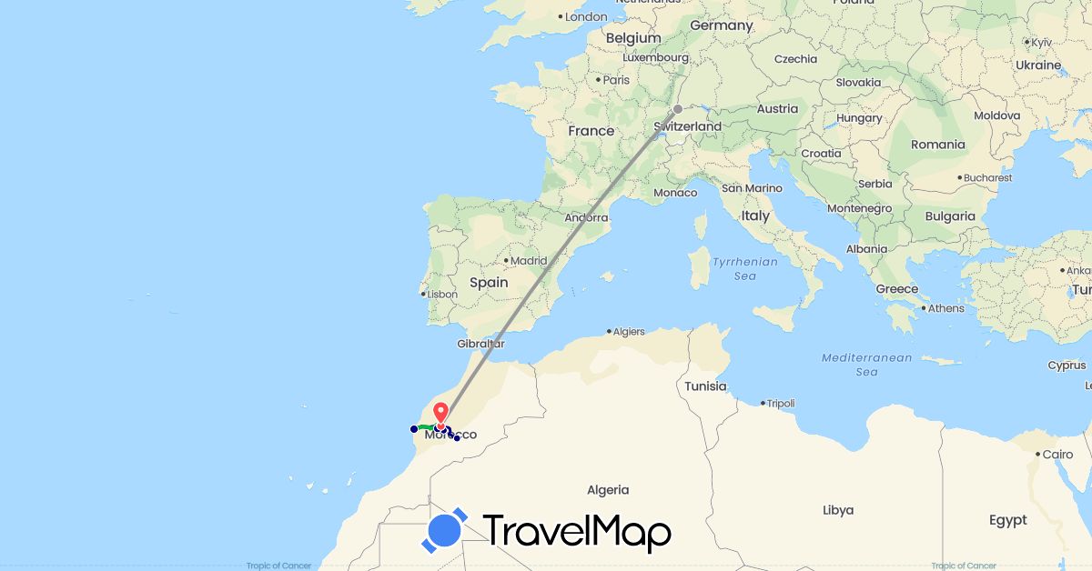 TravelMap itinerary: driving, bus, plane, hiking in Switzerland, Morocco (Africa, Europe)